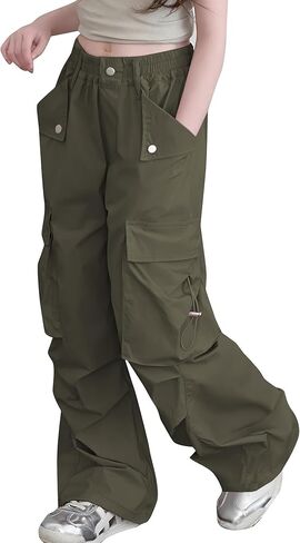 Girls Cargo Pants Elastic Waist Drawstring Hiking Dance Wide Leg with Pockets in Kuwait