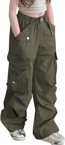 Girls Cargo Pants Elastic Waist Drawstring Hiking Dance Wide Leg with Pockets in Kuwait