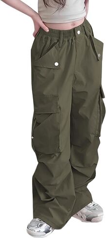 Girls Cargo Pants Elastic Waist Drawstring Hiking Dance Wide Leg with Pockets in Kuwait