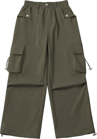 Girls Cargo Pants Elastic Waist Drawstring Hiking Dance Wide Leg with Pockets in Kuwait