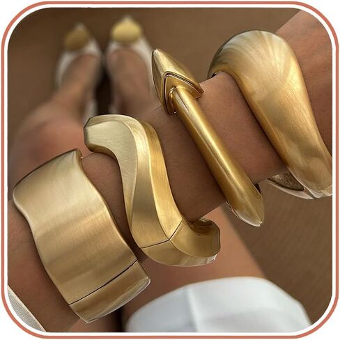 Chunky Gold Tone Cuff Bracelets for Women – 4Pcs Vintage Geometric Bangle Set, Matte Gold Tone Wide Punk Hinged Bracelets, Sculptural Statement Jewelry for Women in Saudi Arabia