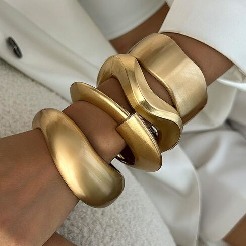 Chunky Gold Tone Cuff Bracelets for Women – 4Pcs Vintage Geometric Bangle Set, Matte Gold Tone Wide Punk Hinged Bracelets, Sculptural Statement Jewelry for Women in Saudi Arabia