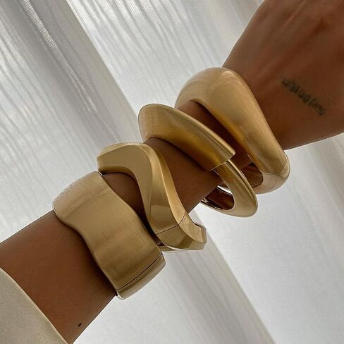 Chunky Gold Tone Cuff Bracelets for Women – 4Pcs Vintage Geometric Bangle Set, Matte Gold Tone Wide Punk Hinged Bracelets, Sculptural Statement Jewelry for Women in Saudi Arabia
