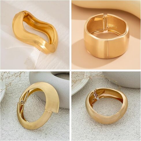 Chunky Gold Tone Cuff Bracelets for Women – 4Pcs Vintage Geometric Bangle Set, Matte Gold Tone Wide Punk Hinged Bracelets, Sculptural Statement Jewelry for Women in Saudi Arabia