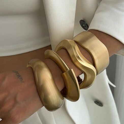 Chunky Gold Tone Cuff Bracelets for Women – 4Pcs Vintage Geometric Bangle Set, Matte Gold Tone Wide Punk Hinged Bracelets, Sculptural Statement Jewelry for Women in Saudi Arabia