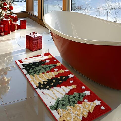 سجاد الحمام شجرة عيد الميلاد 16x24 بوصة، الشتاء لينة وماصة معنقدة عيد الميلاد ندفة الثلج حمام حصيرة غير زلة قابلة للغسل، عيد الميلاد ديكور الحمام البساط الأحمر عطلة الزينة in Kuwait