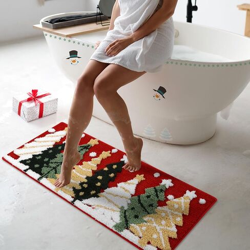 سجاد الحمام شجرة عيد الميلاد 16x24 بوصة، الشتاء لينة وماصة معنقدة عيد الميلاد ندفة الثلج حمام حصيرة غير زلة قابلة للغسل، عيد الميلاد ديكور الحمام البساط الأحمر عطلة الزينة in Kuwait