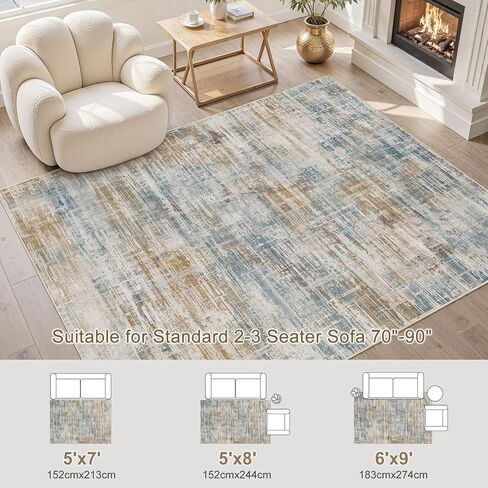 Area Rug for Living Room: 5x7 Washable Neutral Abstract Modern Soft Rugs Non Slip Indoor Floor Stain Resistant Carpet for Bedroom Dining Room Office Nursery - Blue Brown in Saudi Arabia
