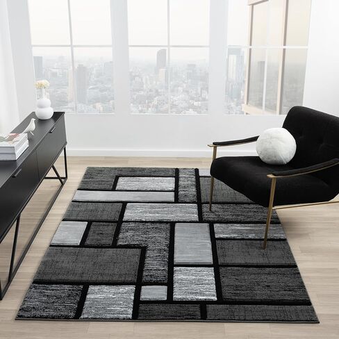 Area Rug Modern 5x7 Grey Black Geometry Squares Soft Hand Carved Contemporary Floor Carpet Fluffy Texture for Indoor Living Dining Room and Bedroom Area in Saudi Arabia