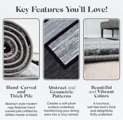 Area Rug Modern 5x7 Grey Black Geometry Squares Soft Hand Carved Contemporary Floor Carpet Fluffy Texture for Indoor Living Dining Room and Bedroom Area in Saudi Arabia