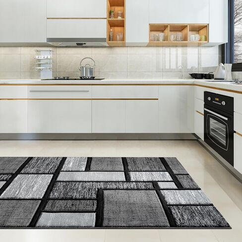 Area Rug Modern 5x7 Grey Black Geometry Squares Soft Hand Carved Contemporary Floor Carpet Fluffy Texture for Indoor Living Dining Room and Bedroom Area in Saudi Arabia