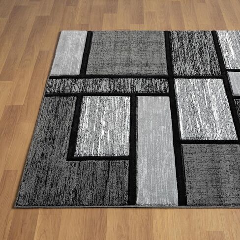 Area Rug Modern 5x7 Grey Black Geometry Squares Soft Hand Carved Contemporary Floor Carpet Fluffy Texture for Indoor Living Dining Room and Bedroom Area in Saudi Arabia