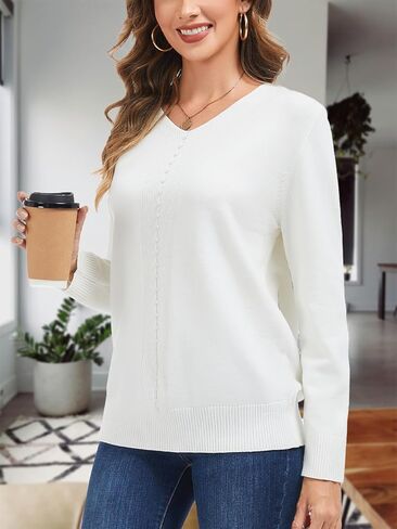Womens Long Sleeve V Neck Sweaters 2025 Pullover Tops Trendy Dressy Casual Fall Fashion Clothes in Kuwait