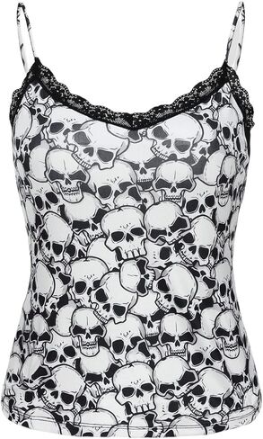 Morvia المرأة التباين الدانتيل الزخارف سكوب الرقبة هالوين الجماجم كل انحاء طباعة كامي القمم الصيف عادية بلا أكمام ملابس علوية in Kuwait