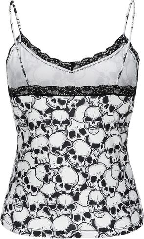 Morvia المرأة التباين الدانتيل الزخارف سكوب الرقبة هالوين الجماجم كل انحاء طباعة كامي القمم الصيف عادية بلا أكمام ملابس علوية in Kuwait