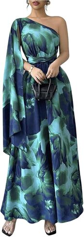GORGLITTER Women's One Shoulder Wedding Guest A Line Maxi Dress Floral Cocktail Long Bridesmaid Dress with Cape in Kuwait