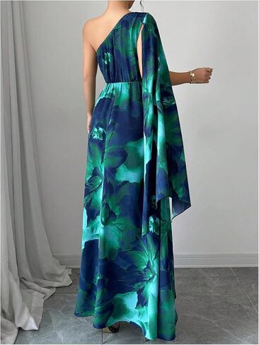 GORGLITTER Women's One Shoulder Wedding Guest A Line Maxi Dress Floral Cocktail Long Bridesmaid Dress with Cape in Kuwait