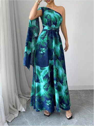 GORGLITTER Women's One Shoulder Wedding Guest A Line Maxi Dress Floral Cocktail Long Bridesmaid Dress with Cape in Kuwait