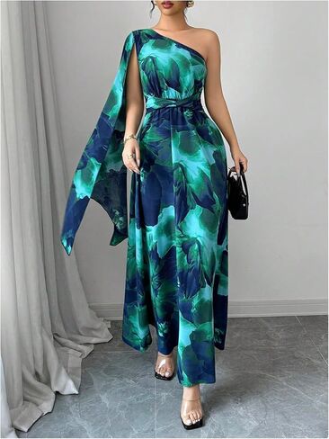 GORGLITTER Women's One Shoulder Wedding Guest A Line Maxi Dress Floral Cocktail Long Bridesmaid Dress with Cape in Kuwait