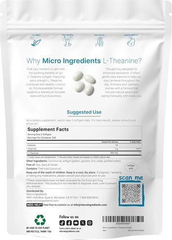 Micro Ingredients L-Theanine 400mg, 400 Softgels | Highly Bioavailable with Coconut Oil | Extra Strength Theanine Amino Acid | Calm & Relaxation Support + Focus Supplement | Non-GMO, Gluten Free in Saudi Arabia
