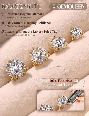 Moissanite Earrings Studs : 18K Gold Plated S925 Sterling Silver Stud Earring for Women Men Moissanite Jewelry Hypoallergenic Brilliant Round Princess Cut D Color VVS1 1CT-4CT in Kuwait
