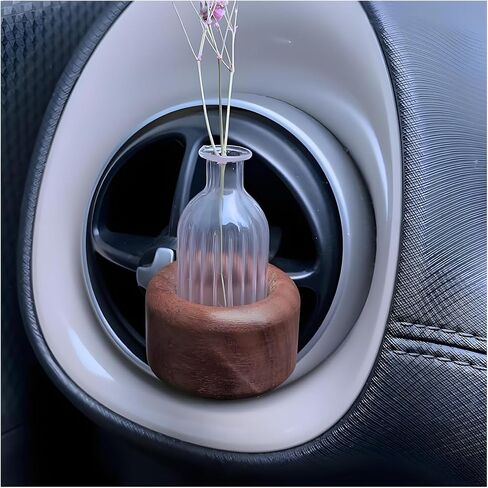 Car Flower Vase Clip, Mini Wooden Car Air Vent Clip, Auto Vent Decorative Plant Holder with Glass Tube, Vehicle Dash Ornament Decorations, Universal Automotive Interior Charm Accessories (Round) in Saudi Arabia