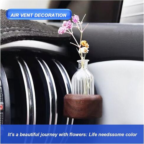 Car Flower Vase Clip, Mini Wooden Car Air Vent Clip, Auto Vent Decorative Plant Holder with Glass Tube, Vehicle Dash Ornament Decorations, Universal Automotive Interior Charm Accessories (Round) in Saudi Arabia