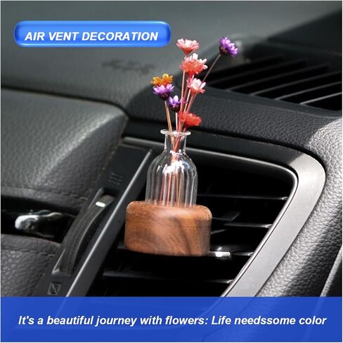 Car Flower Vase Clip, Mini Wooden Car Air Vent Clip, Auto Vent Decorative Plant Holder with Glass Tube, Vehicle Dash Ornament Decorations, Universal Automotive Interior Charm Accessories (Round) in Saudi Arabia