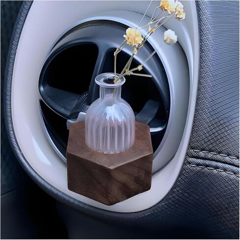 Car Flower Vase Clip, Mini Wooden Car Air Vent Clip, Auto Vent Decorative Plant Holder with Glass Tube, Vehicle Dash Ornament Decorations, Universal Automotive Interior Charm Accessories (Round) in Saudi Arabia