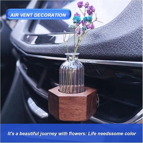 Car Flower Vase Clip, Mini Wooden Car Air Vent Clip, Auto Vent Decorative Plant Holder with Glass Tube, Vehicle Dash Ornament Decorations, Universal Automotive Interior Charm Accessories (Round) in Saudi Arabia