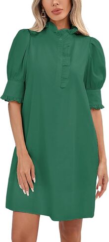 Women's Puff Short Sleeve Stand Ruffle Collar Summer Dress Casual A Line Shift Mini Dress with Pockets in Saudi Arabia