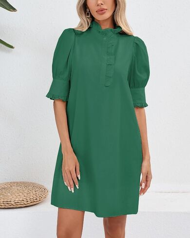 Women's Puff Short Sleeve Stand Ruffle Collar Summer Dress Casual A Line Shift Mini Dress with Pockets in Saudi Arabia
