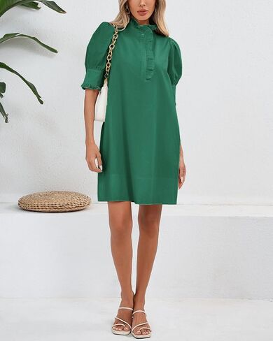Women's Puff Short Sleeve Stand Ruffle Collar Summer Dress Casual A Line Shift Mini Dress with Pockets in Saudi Arabia