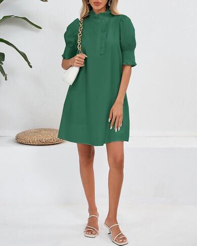 Women's Puff Short Sleeve Stand Ruffle Collar Summer Dress Casual A Line Shift Mini Dress with Pockets in Saudi Arabia
