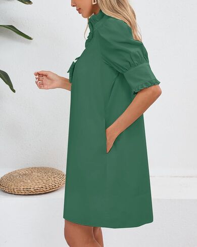 Women's Puff Short Sleeve Stand Ruffle Collar Summer Dress Casual A Line Shift Mini Dress with Pockets in Saudi Arabia