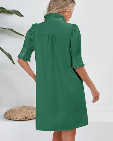 Women's Puff Short Sleeve Stand Ruffle Collar Summer Dress Casual A Line Shift Mini Dress with Pockets in Saudi Arabia