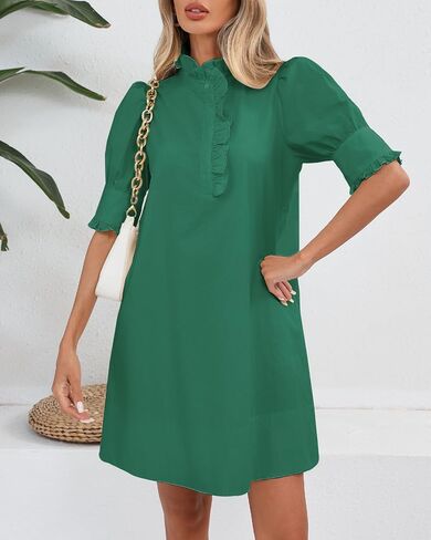Women's Puff Short Sleeve Stand Ruffle Collar Summer Dress Casual A Line Shift Mini Dress with Pockets in Saudi Arabia