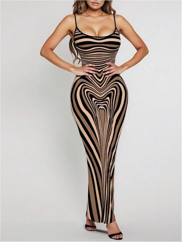 SOLY HUX Women's Striped Maxi Dress Spaghetti Strap Bodycon Going Out Long Dresses in Saudi Arabia