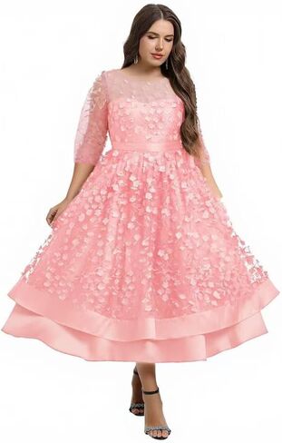 Womens Plus Size 3D Posy Floral Fall Dress 3/4 Sleeve Wedding Guest Cocktail Formal Party Ball Gown Midi Dress in Saudi Arabia