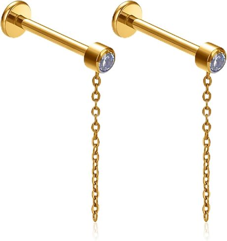 2pcs Gold/Silver 16G G23 Titanium Internally Threaded Bezel CZ And Rolo Chain Top Lip Stud Labret Monroe Tragus Cartilage Earring Ring Nose Piercing Jewelry 6mm-12mm in Saudi Arabia