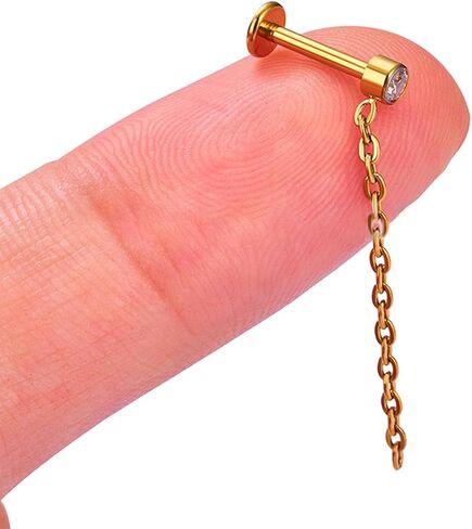 2pcs Gold/Silver 16G G23 Titanium Internally Threaded Bezel CZ And Rolo Chain Top Lip Stud Labret Monroe Tragus Cartilage Earring Ring Nose Piercing Jewelry 6mm-12mm in Saudi Arabia