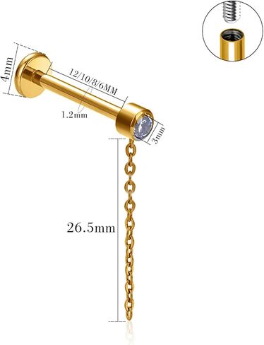 2pcs Gold/Silver 16G G23 Titanium Internally Threaded Bezel CZ And Rolo Chain Top Lip Stud Labret Monroe Tragus Cartilage Earring Ring Nose Piercing Jewelry 6mm-12mm in Saudi Arabia