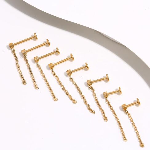 2pcs Gold/Silver 16G G23 Titanium Internally Threaded Bezel CZ And Rolo Chain Top Lip Stud Labret Monroe Tragus Cartilage Earring Ring Nose Piercing Jewelry 6mm-12mm in Saudi Arabia