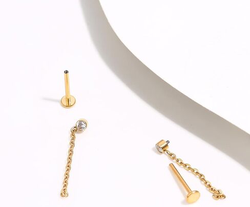 2pcs Gold/Silver 16G G23 Titanium Internally Threaded Bezel CZ And Rolo Chain Top Lip Stud Labret Monroe Tragus Cartilage Earring Ring Nose Piercing Jewelry 6mm-12mm in Saudi Arabia