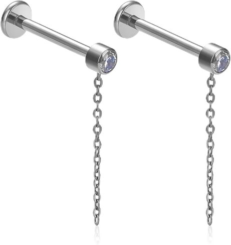2pcs Gold/Silver 16G G23 Titanium Internally Threaded Bezel CZ And Rolo Chain Top Lip Stud Labret Monroe Tragus Cartilage Earring Ring Nose Piercing Jewelry 6mm-12mm in Saudi Arabia