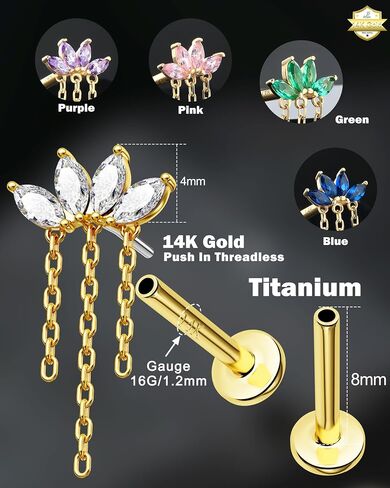 اليهودي 14K الذهب أقراط مسطحة الظهر أعلى دفع في سلسلة الغضروف بدون خيوط مسمار مسطح الظهر مسمار اللولب الزنمة محارة ثقب المجوهرات للنساء in Saudi Arabia