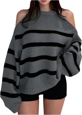 Verdusa Women's Striped Cold Shoulder Oversized Sweaters Streetwear Colorblock Pullover Knit Tops in Saudi Arabia