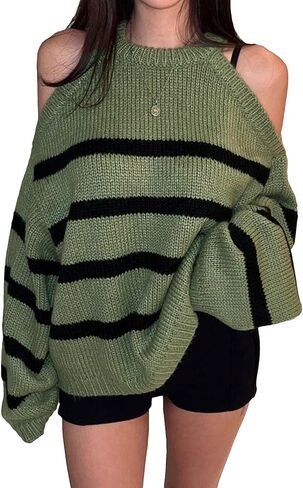 Verdusa Women's Striped Cold Shoulder Oversized Sweaters Streetwear Colorblock Pullover Knit Tops in Saudi Arabia