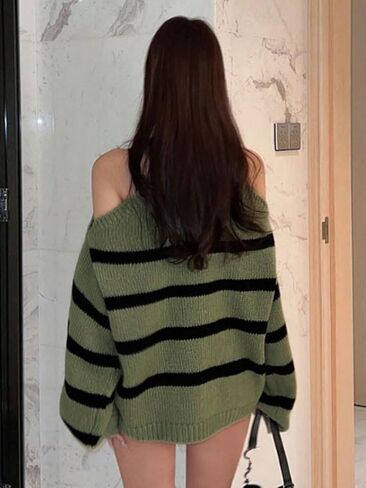 Verdusa Women's Striped Cold Shoulder Oversized Sweaters Streetwear Colorblock Pullover Knit Tops in Saudi Arabia
