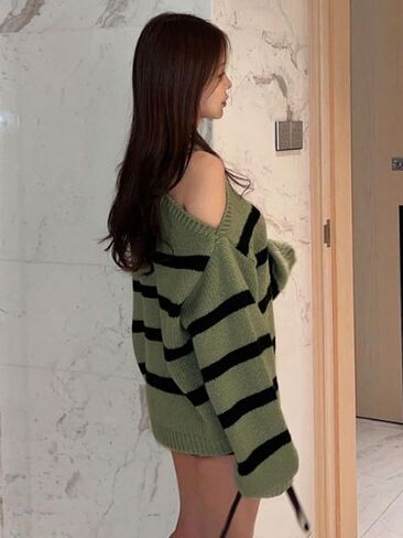 Verdusa Women's Striped Cold Shoulder Oversized Sweaters Streetwear Colorblock Pullover Knit Tops in Saudi Arabia